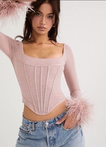 Women&#39;s Feather Long Sleeve Corset Top Faux Fur