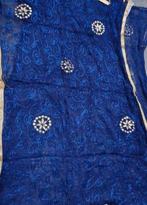 Women Blue Cotton Printed Embroidered Suit Set