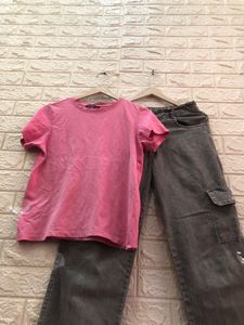 Pink shirt and grey cargo pant combo set🌈🚀🍬