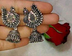 Silver Tone Peacock Jhumka Earrings