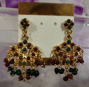 Traditional Wear Earrings With Red And Green Stone