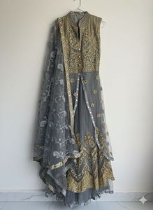 Elegant Grey & Gold Anarkali Kurta Set with embroi