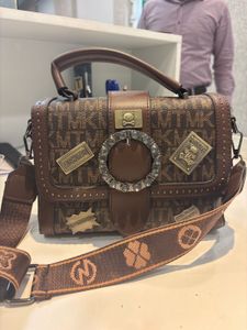 Brown Patterned Satchel with Embellishments