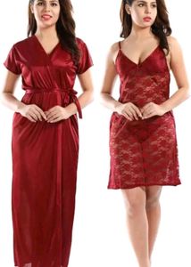 Women Red Satin Lace Nighty With Robe
