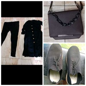 Black Kurta Set And Shoes+ Brown Leather Bag Combo