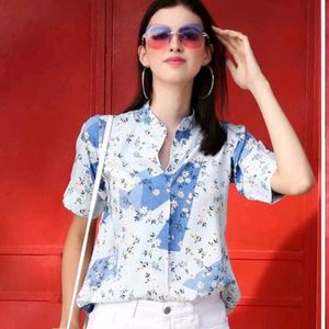 Floral Printed Top With Band Collar