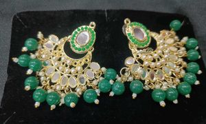 Green Beaded Chandbali Earrings And Mangtika