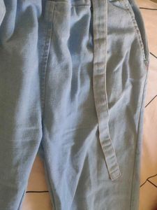 Light Blue High-Waisted Denim Paper Bag Pants