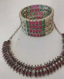 Oxidized Silver Necklace & Bangle Set
