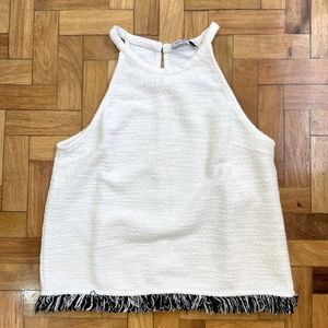 Zara Ecru White Tweed Halter Top with fringe