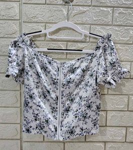 White Ditsy Print  Satin Frill Bardot Crop Top