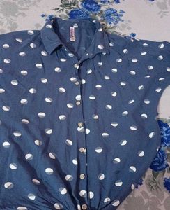 Blue Polka Dot Tie-Front Shirt