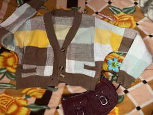 Brown Checkered Knit Cardigan