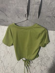 Green Ribbed Tie-Waist Crop Top