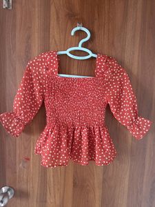 Rust Printed Casual Elbow Sleeves Square Neck Wome