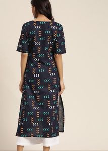 Navy Blue &amp; White Geometric PrintPure Cotton Kurta