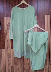 Green Frock & Shalwar Set – Cotton Blend