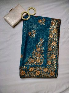 Teal & Gold Embroidered Saree