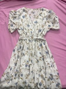White Floral Knee Length Dress