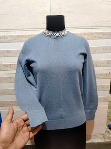 Elegant Pearl Embellished Blue Sweater