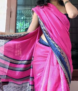 Pink Zigzag Saree with Navy Border