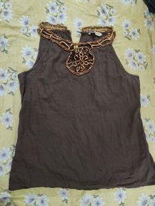 Brown Sleeveless Beaded Top