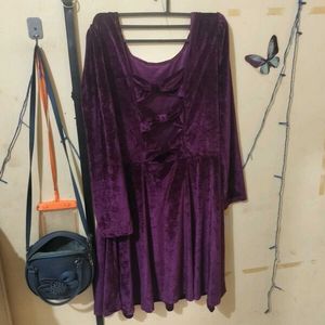 Purple Velvet Long Sleeve Dress Knee Length