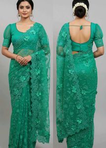 Elegant Green Floral Saree with stitched blouse