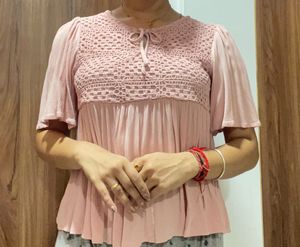 Pink Crochet Peasant Top