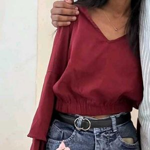 Red Cropped V-Neck Sweater