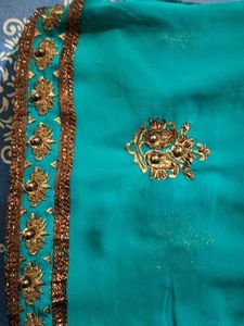 Teal &amp; Gold Embellished Saree
