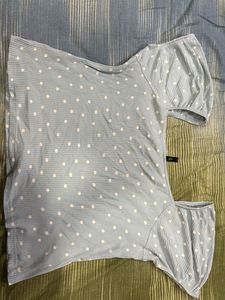 Cute Polka Dot Ribbed Blue Top