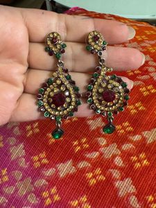 Ethnic Earrings Green Maroon Stones