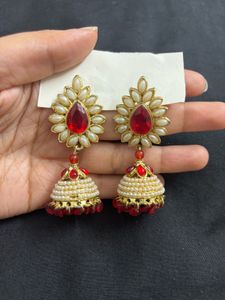 Pearl Beaded Red Jhumki