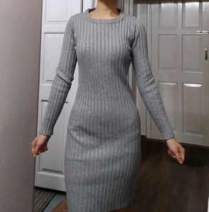 Gray Ribbed Knit Bodycon Dress