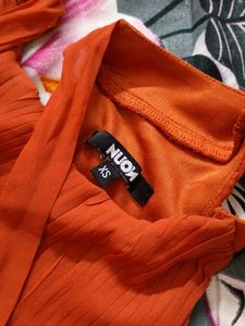 Orange Pleated Tie-Shoulder Dress