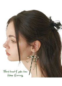 Beaded Daisy &amp; Satin Bow Hoop Earrings