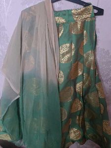 Indo Westen Banarasi Silk Skirt And Long Net Shrug