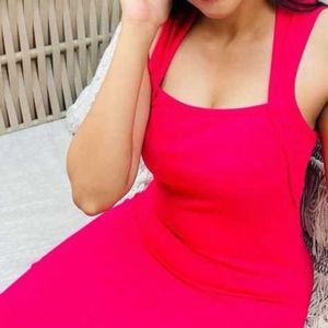Hot Pink Ribbed Knit Midi Dress