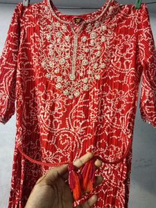 orange Printed embroidery Kurta