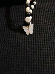 Black &amp; White Bead Bracelet With Butterfly Charm