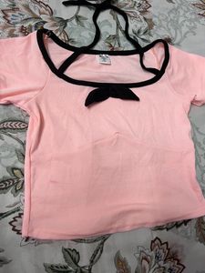 Cute Korean Bow Top In Peach Colour