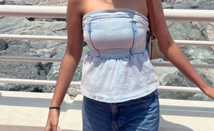 Denim Tube Top with Peplum Hem