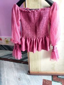 Mauve Polka Dot Smocked Blouse Top