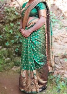 Green & Gold Silk Blend Saree