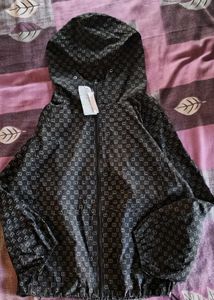 Black Monogram Full-Zip Hooded Windbreaker Jacket