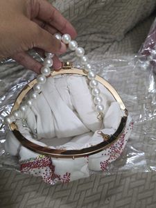 White Designer Potli Clutch With Pearl Handle