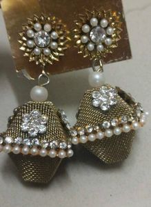 Gold Tone Jhumka Earrings with Pearls