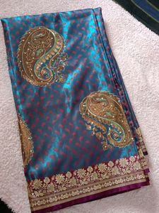 Saree With Blouse, Meroon And Peacock Blue 💙 Colour