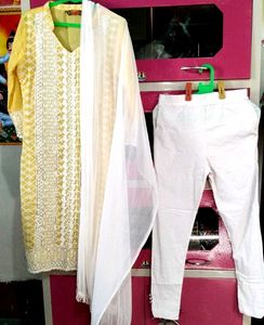 Yellow & White Embroidered Pant Kurti Suit With Du